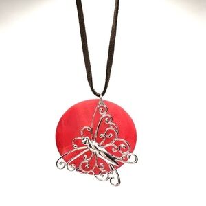 Red Circle with Silver Butterfly Necklace | N114